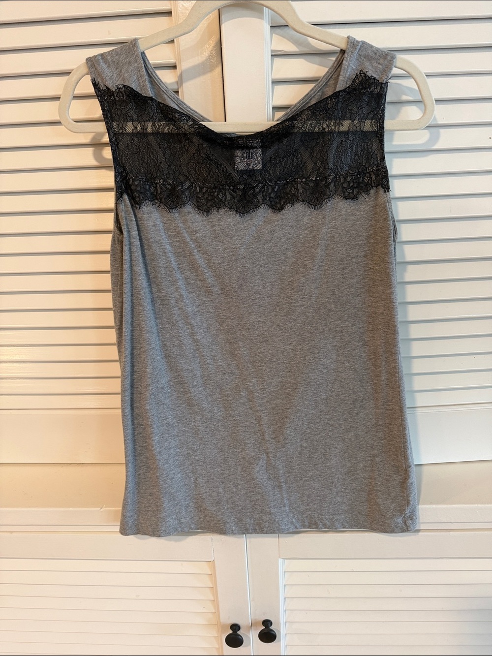 CAbi Gray Sleeveless Camisole with Black Lace Yoke